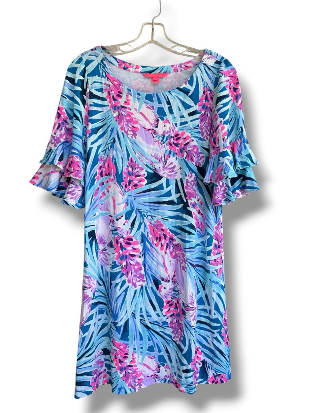 Lilly Pulitzer Lula Ruffle Sleeve Dress Mr. Peacock Blue Tweethearts Size Small - Picture 4 of 12